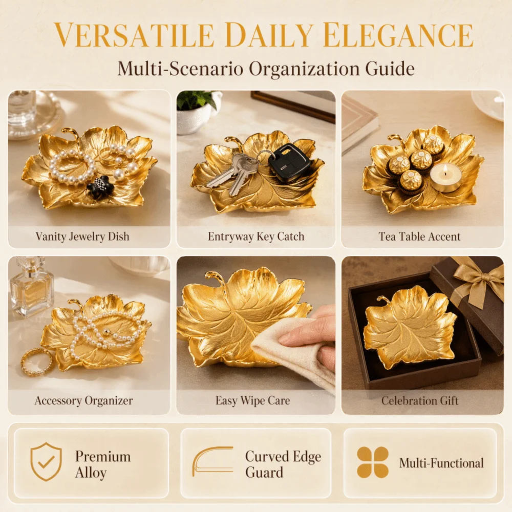 Zinc Alloy Jewelry Dish 5.91x5.63x1.38in Leaf Shape Metal Storage Plate Embossed Design Golden Jewelry Organizer Tray Daily Use