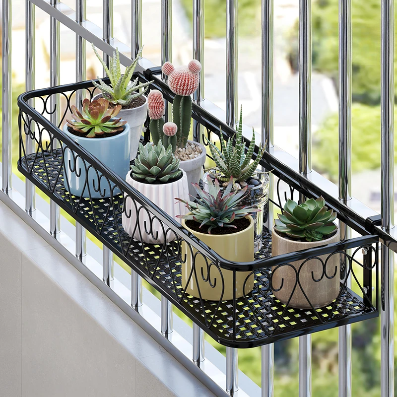 Balcony Flower Stand Wrought Iron Railing Multi-layer Hanging Flowers Pot Rack Wall Green Radish Succulent Plant Shelves