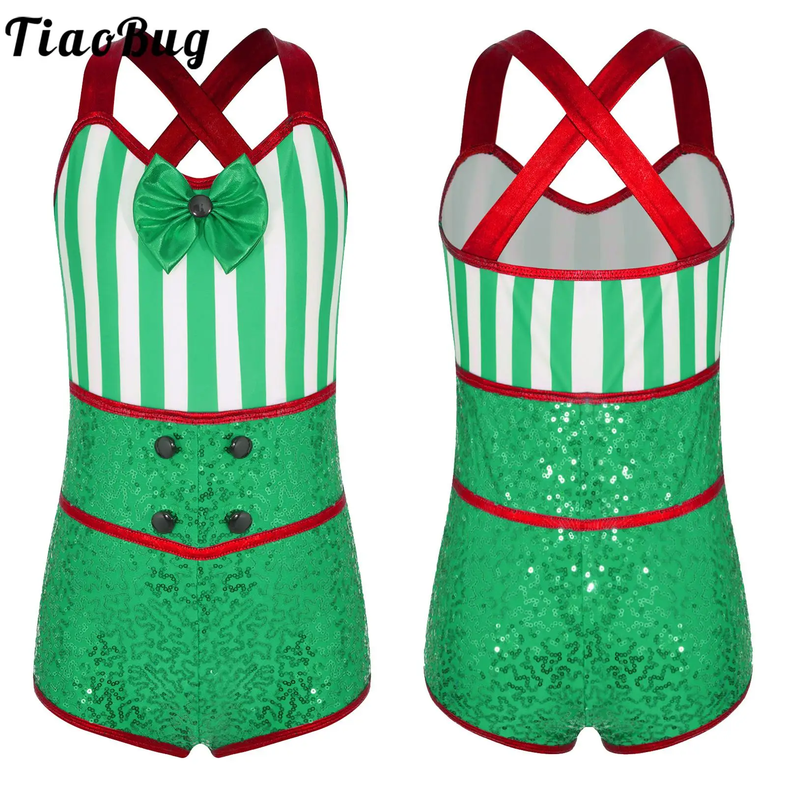 

Kids Girls Christmas Dance Costumes Xmas Santa Elf Unitard Candy Cane Striped Bodysuit Jumpsuit for Ballet Dance Gymnastics