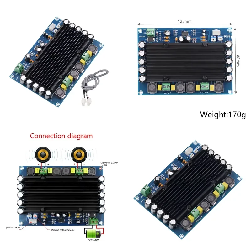 TPA3116D2 digital power amplifier board, dual-channel 2 * 150W high-power audio amplifier 12V-24V voltage 125x88x18mm