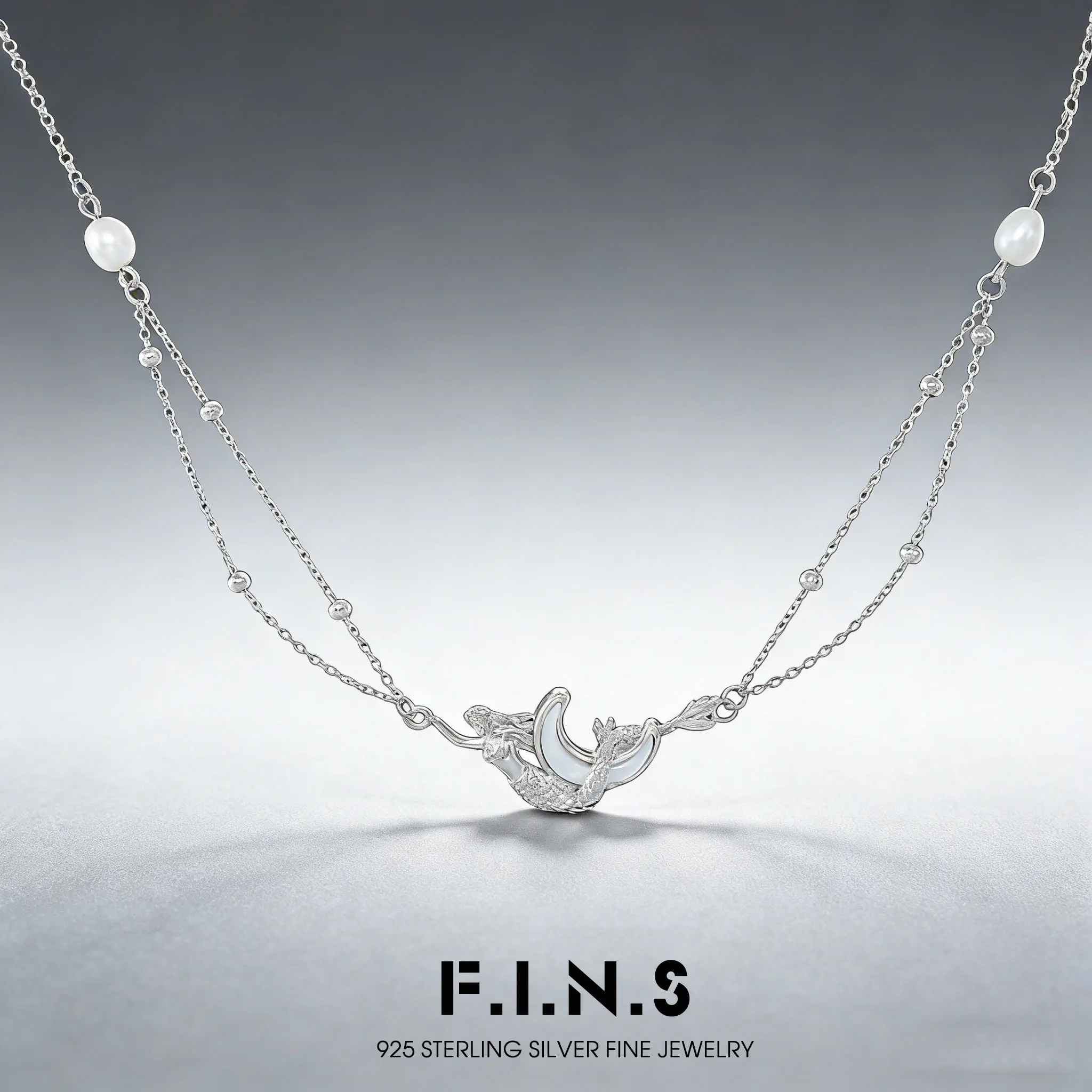

F.I.N.S Original Mermaid Moon S925 Sterling Silver Necklace Minimalist Style White Shell Double Chain Fine Jewelry Accessories