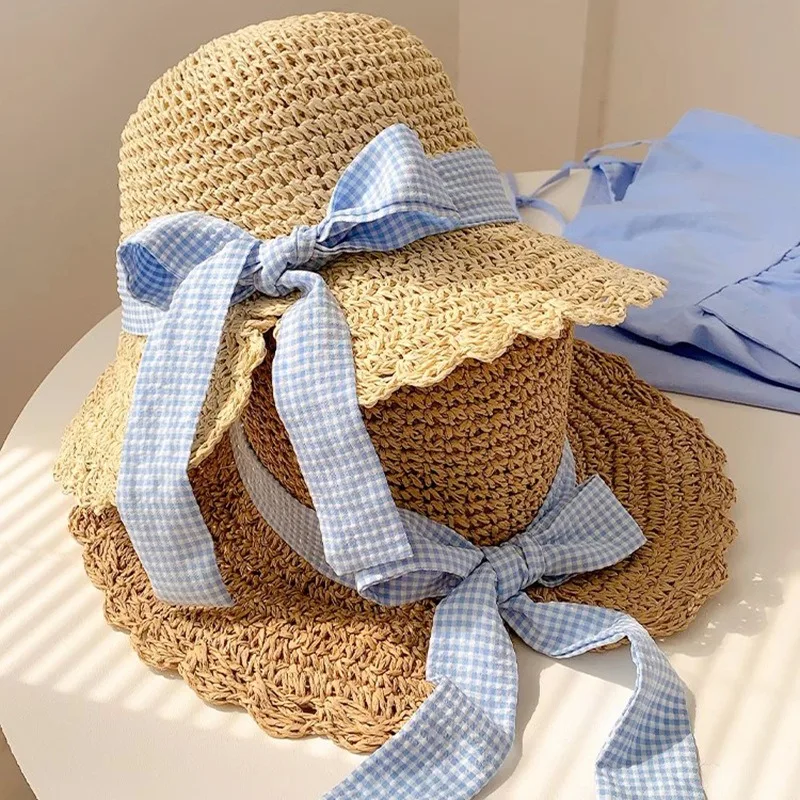 chapeu-de-palha-artesanal-azul-xadrez-com-laco-para-mulheres-ideal-para-ferias-de-verao-na-praia-chapeu-de-sol-vazado-com-fita