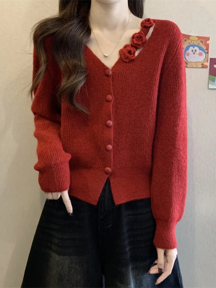 

Women's Three-dimensional Rose V-neck Long Sleeve Single Breasted Knitted Sweater Sweet Soft Slim Fit Cardigan Spring Autumn New