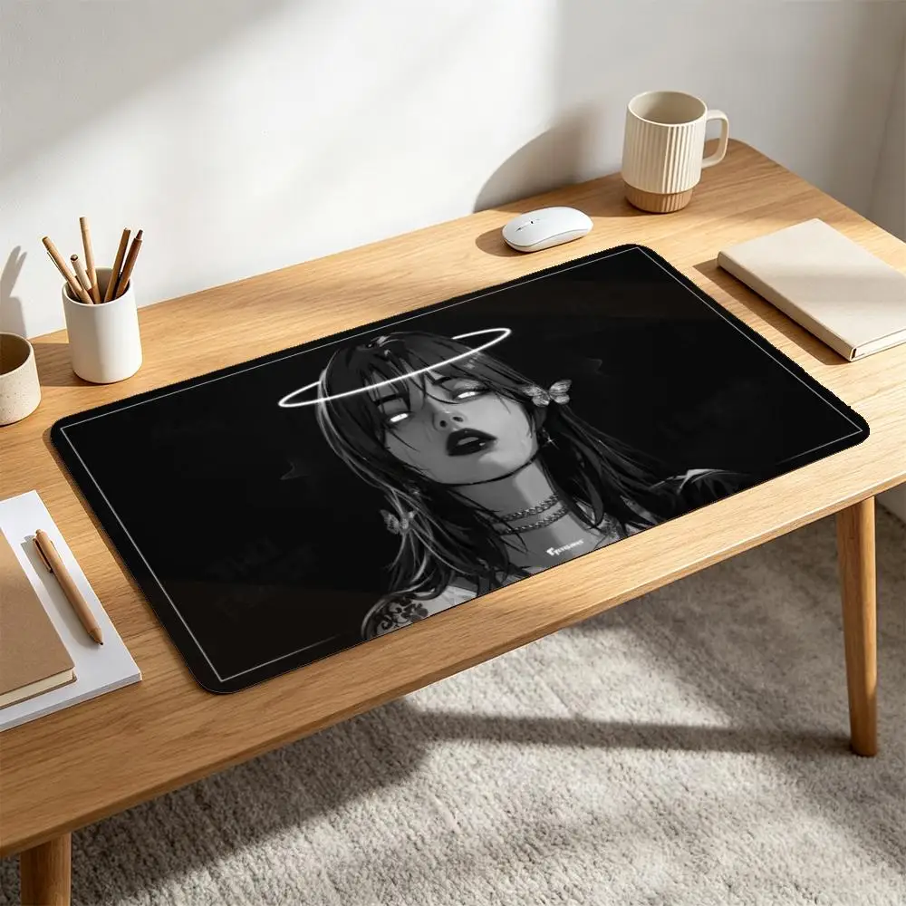 Dark Aesthetic Halo Anime Girl Gaming Rubber Base Black White Gothic Butterfly Glowing Eyes E-girl Art alfombrillas gaming
