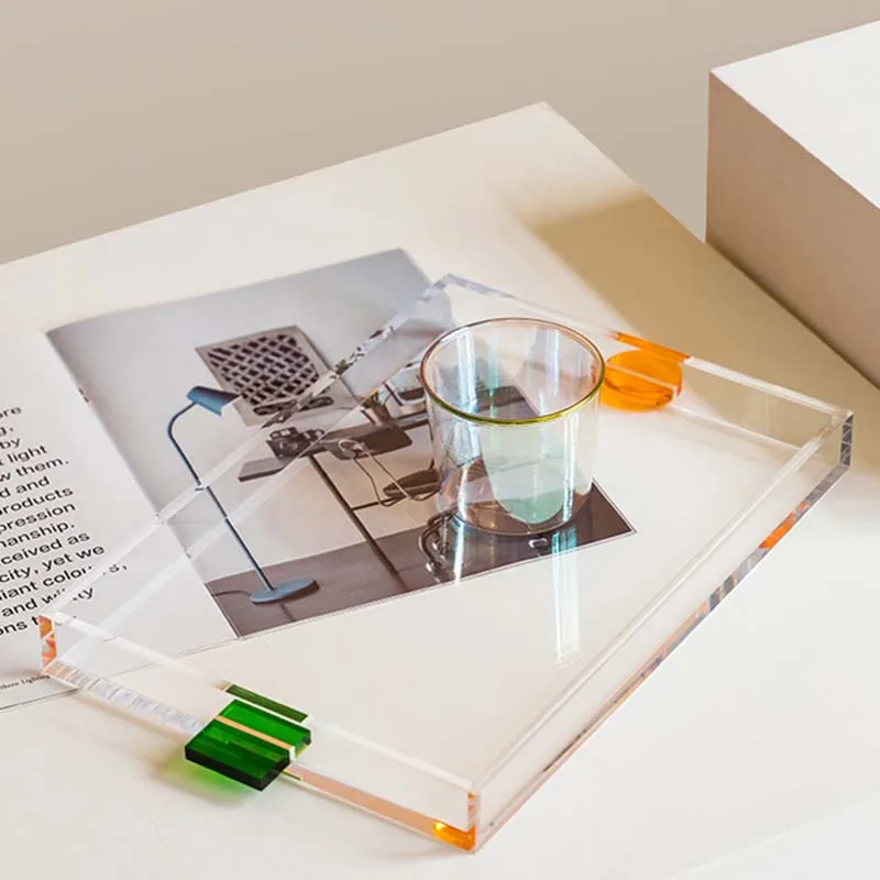 Bandeja de acrílico transparente de alta gama, almacenamiento de taza de té, bandejas modernas simples creativas, decorativas, rectangulares para el