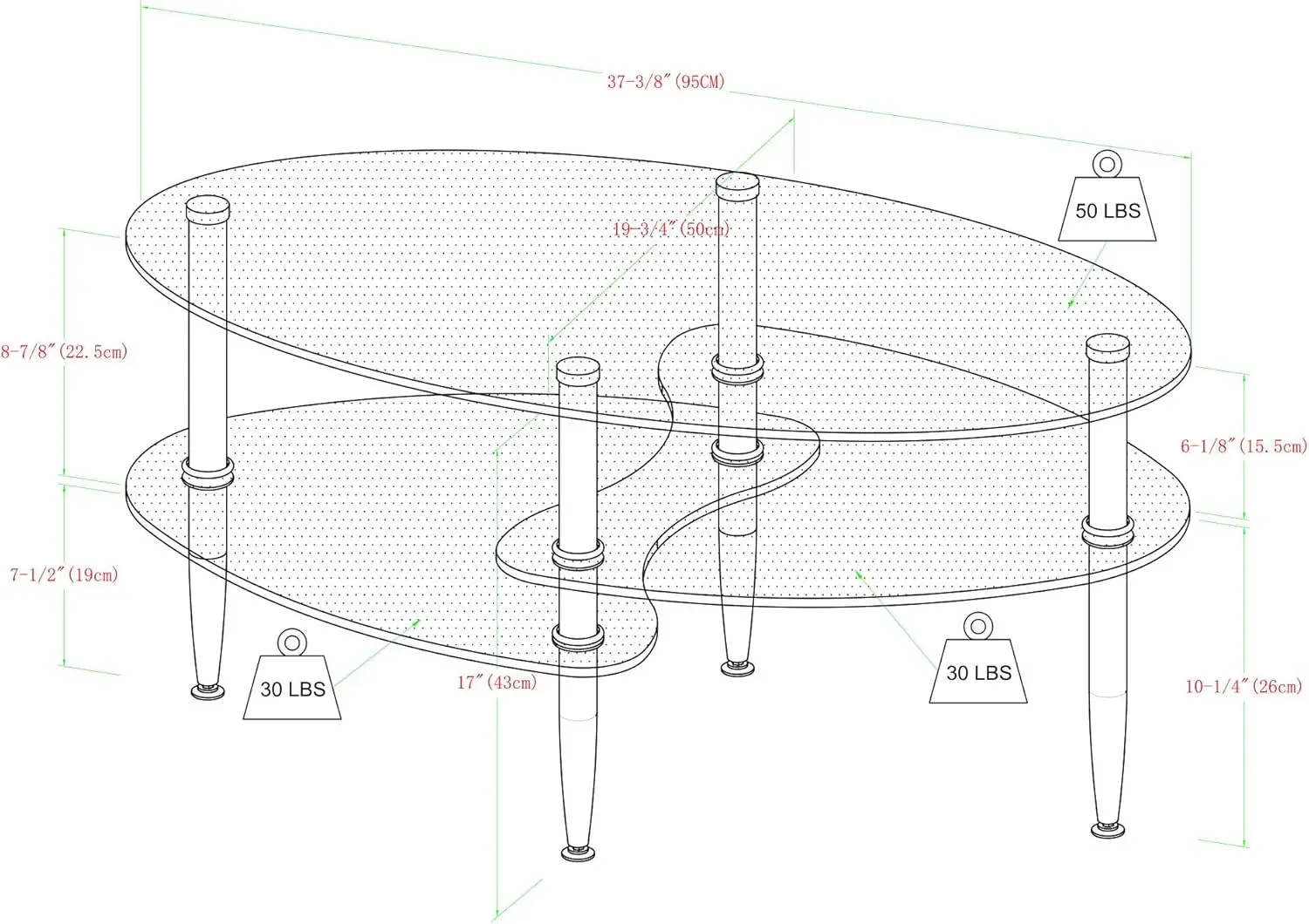 Mesa de centro de vidro oval moderna, prateleira otomana com detalhes em sala de estar, 37 polegadas, vidro
