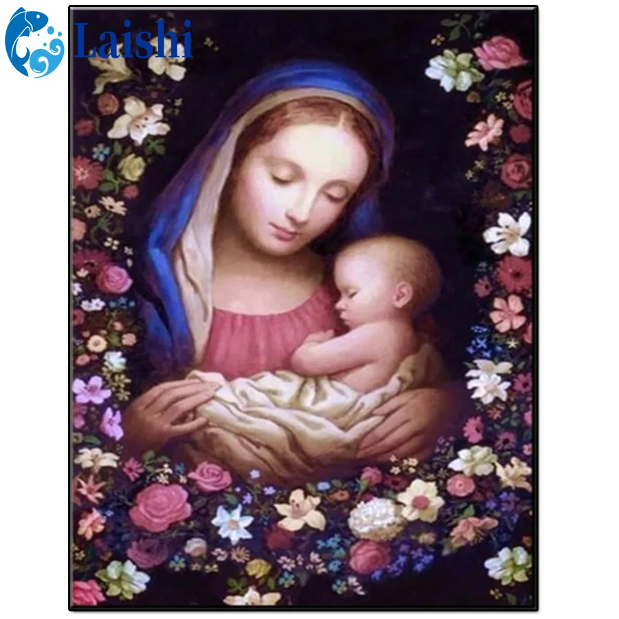 Pintura de diamante cuadrado de círculo completo, Virgen y Jesús, flores, bordado de diamantes hecho a mano, arte mosaico religioso, decoración del hogar