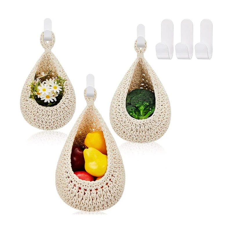 

Hanging Fruit Baskets White Basket Cotton Basket For Kitchen 3 PCS Boho Produce Storage Baskets With 3 Pcs Strong Hooks