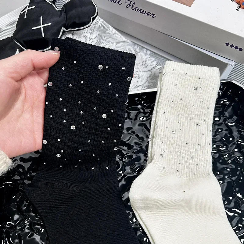 Bright Diamond Tide Socks Hot Diamond Luxury Rhinestone Medium Tube Women's Socks Four Seasons Fashion Cotton Hosiery