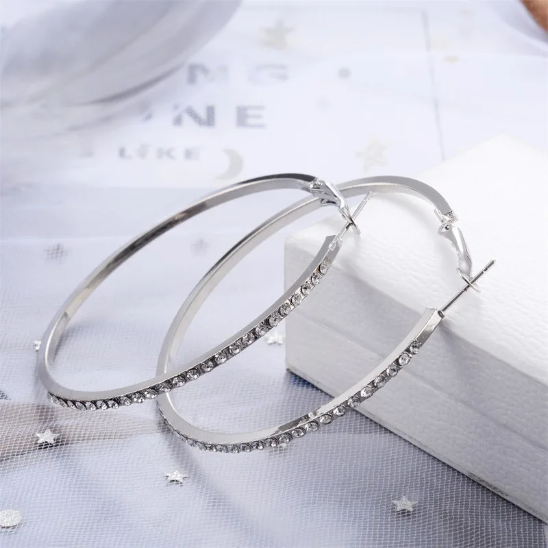 Fashion Hoop Earrings With Rhinestone Big Circle Earrings Simple Earrings Big Circle Gold Color Loop Earrings For Women