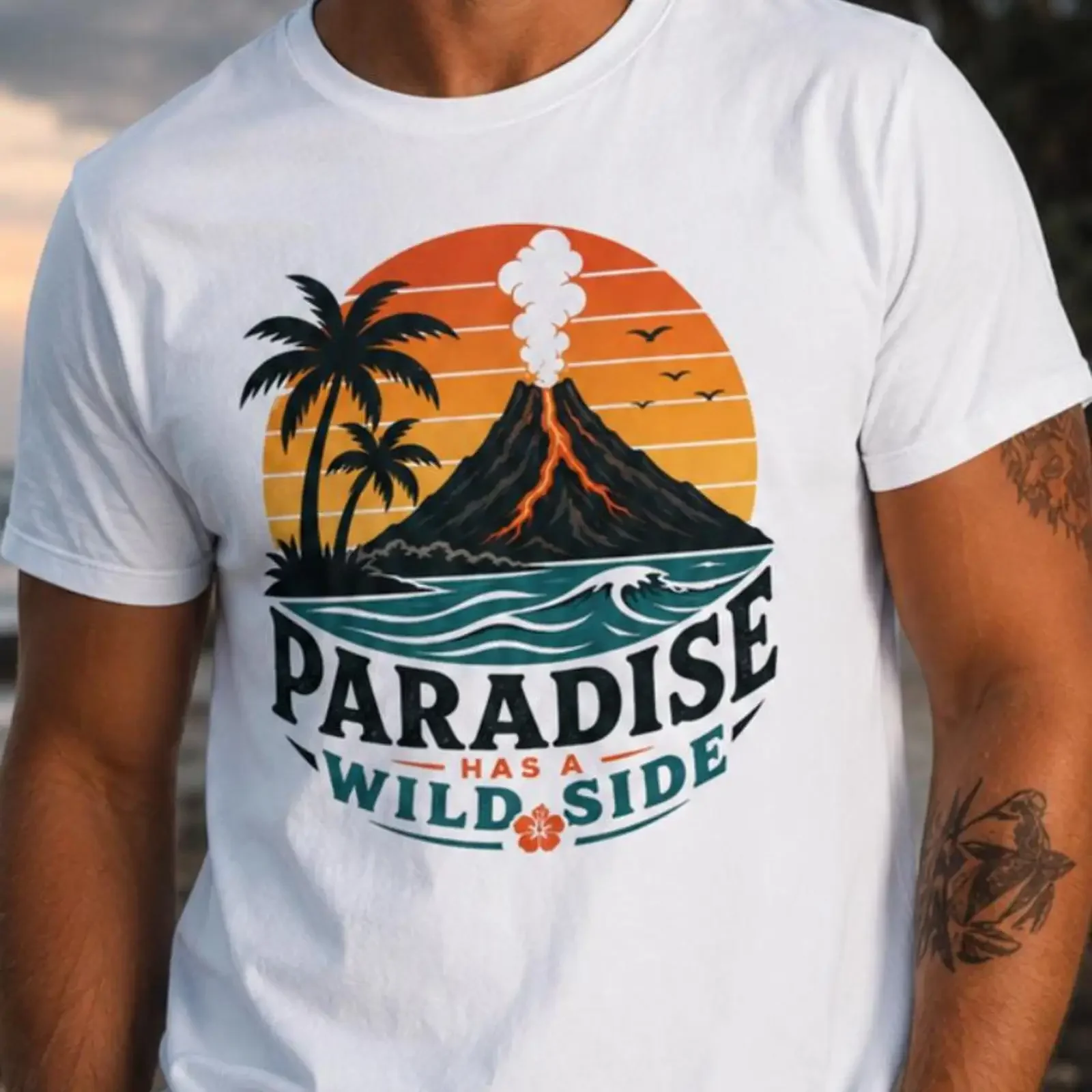 Paradise Has A Wild Side Men's T Shirt Tropical Volcano Hawaii Beach Print Casual  For Island Vacation Surf Coastal  vintage