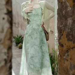 2024 French Floral Square Neck Camisole Dress Fairy Style Sweet Seaside Vacation Beach Unique Long Sleeve Cardigan Two Piece Set