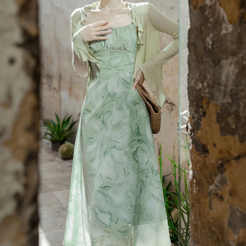 2024 French Floral Square Neck Camisole Dress Fairy Style Sweet Seaside Vacation Beach Unique Long Sleeve Cardigan Two Piece Set