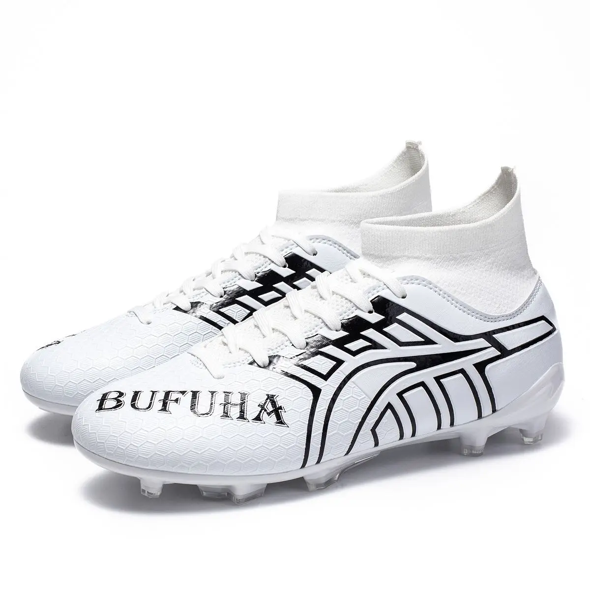 

Футбольные бутсы для матчей и тренировок — кроссовки с высокими носками (черно-белый дизайн), улучшают игроку спринта — выбранный стиль