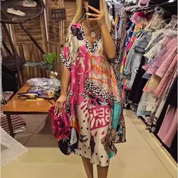 Casual V Neck Loose Midi Dresses For Women Summer Leopard Colorful Printed A-Line Party Dress Short Sleeve Female Clothing