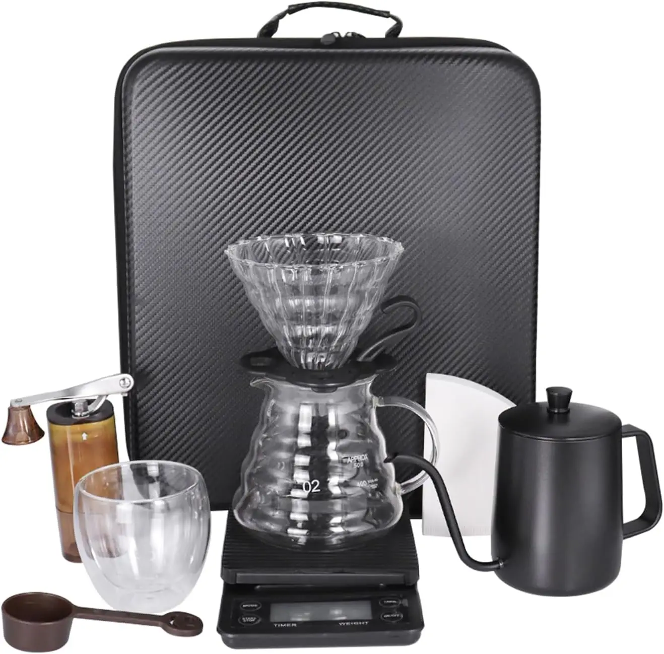 Pour Over Coffee Maker Set, Coffee Kettle Scale, Pour Over Coffee Dripper, Bean Grinder, Glass Server, Drip Cup, Filter Paper