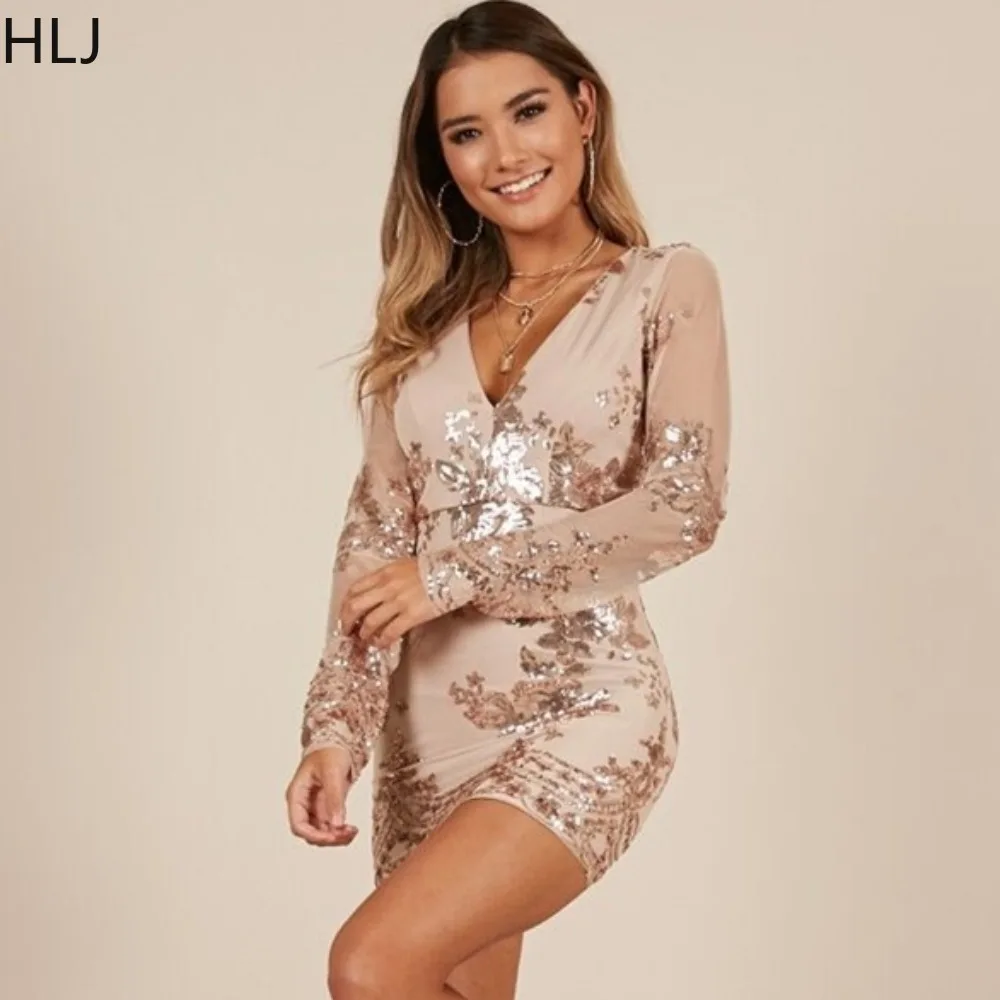 

HLJ Apricot Fashion Mesh Splicing Sequin Bodycon Party Club Mini Dresses Women V Neck Long Sleeve Slim Vestidos Female Clothing