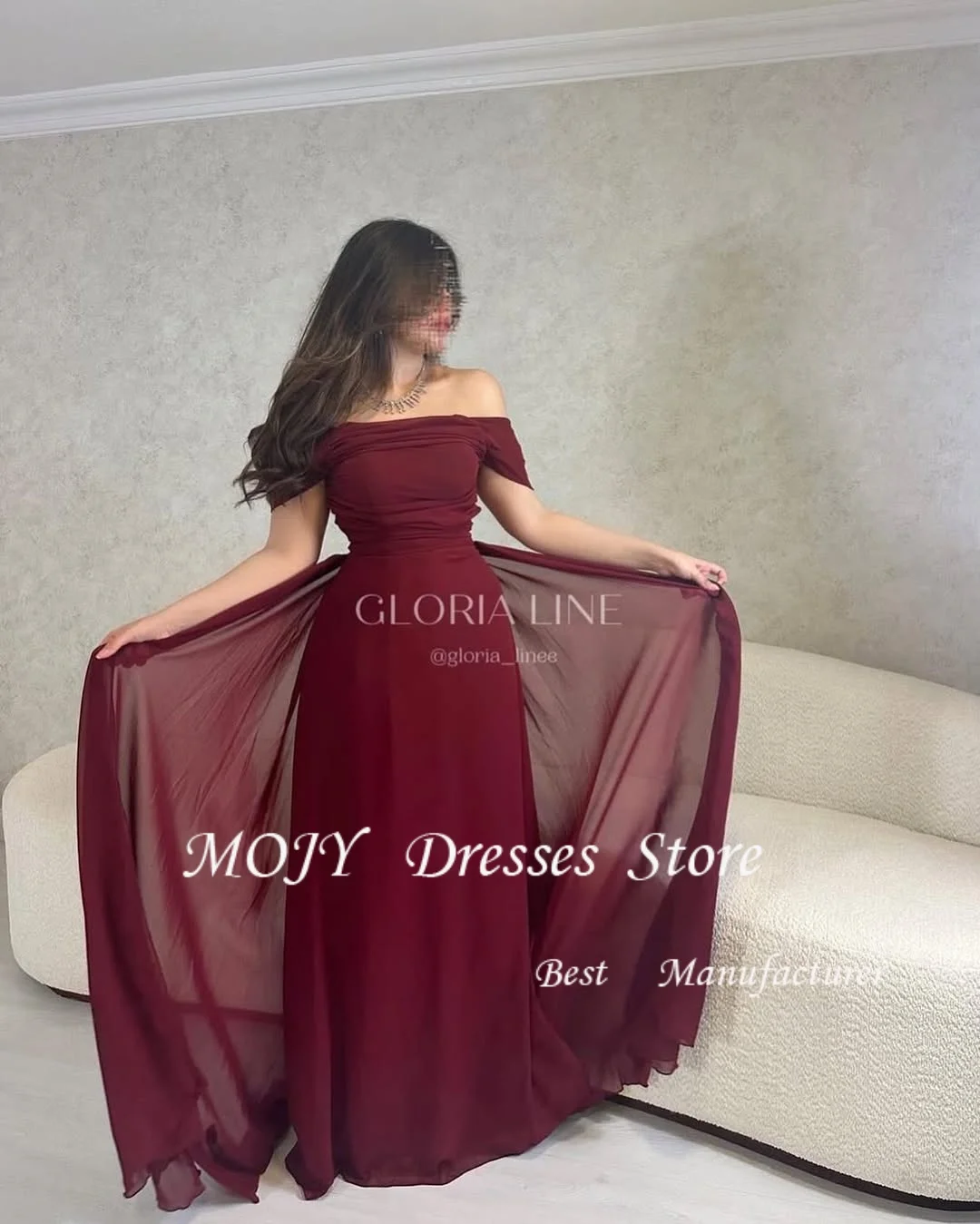 Mojy Arabische Abendkleider für Hochzeit, Party, schulterfrei, maßgeschneidert, Chiffon, Burgunderrot, Meerjungfrau, formelle Promi-Abschlussballkleider