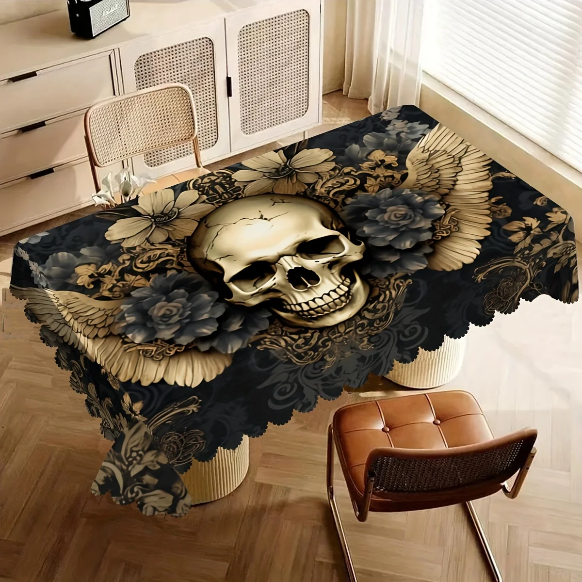 One tablecloth with wing and flower prints - Gothic style, elegant and suitable for home, kitchen and dining roomzyc