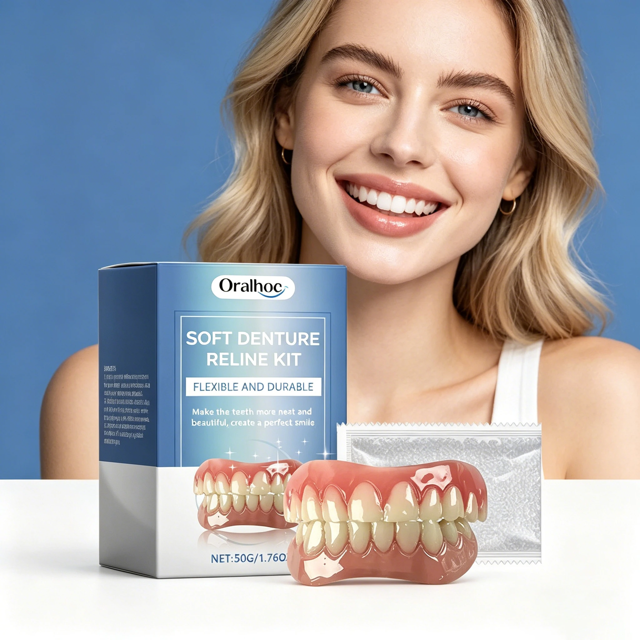 

Набор для восстановления зубных протезов Oralhoe Soft Denture Reline Kit: мгновенное восстановление зазоров между верхними и нижними зубами, идеальная улыбка, мягкий комплект для протезирования, 50 г.