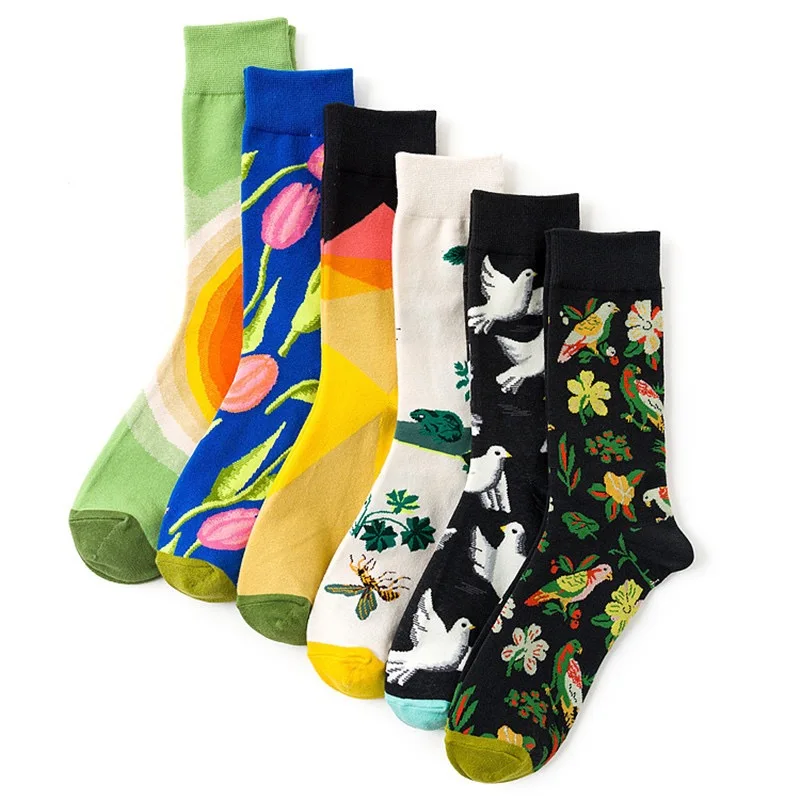 1 Pair Couple Socks Harajuku Style Art-painted Flower Plant Pigeons Suit in All Seasons For Daily Dress Streetwear