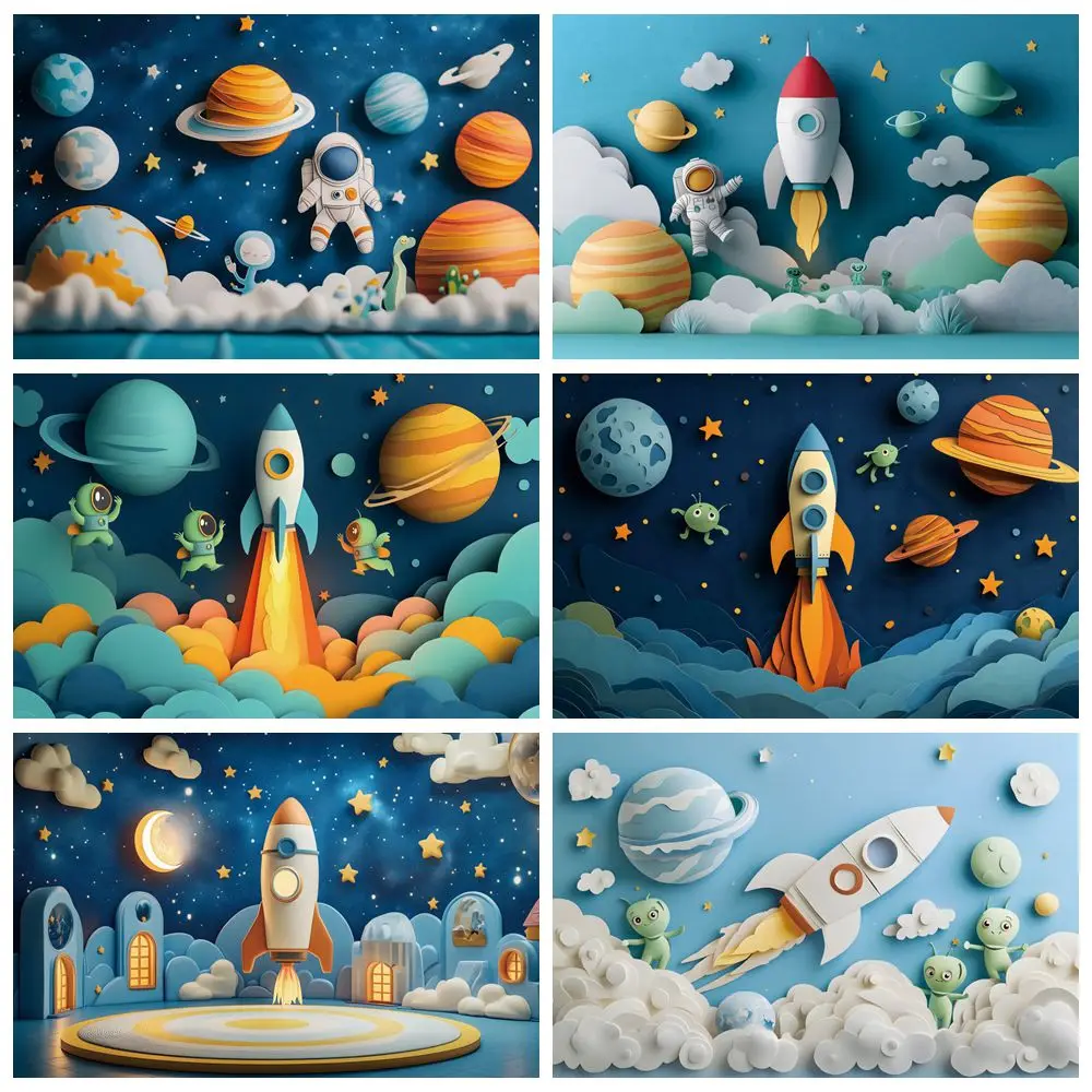 

Rocket Astronaut Backdrop Cosmic Planets Stars Clouds Baby Shower Kids Birthday Party Photography Background Photo Studio Props