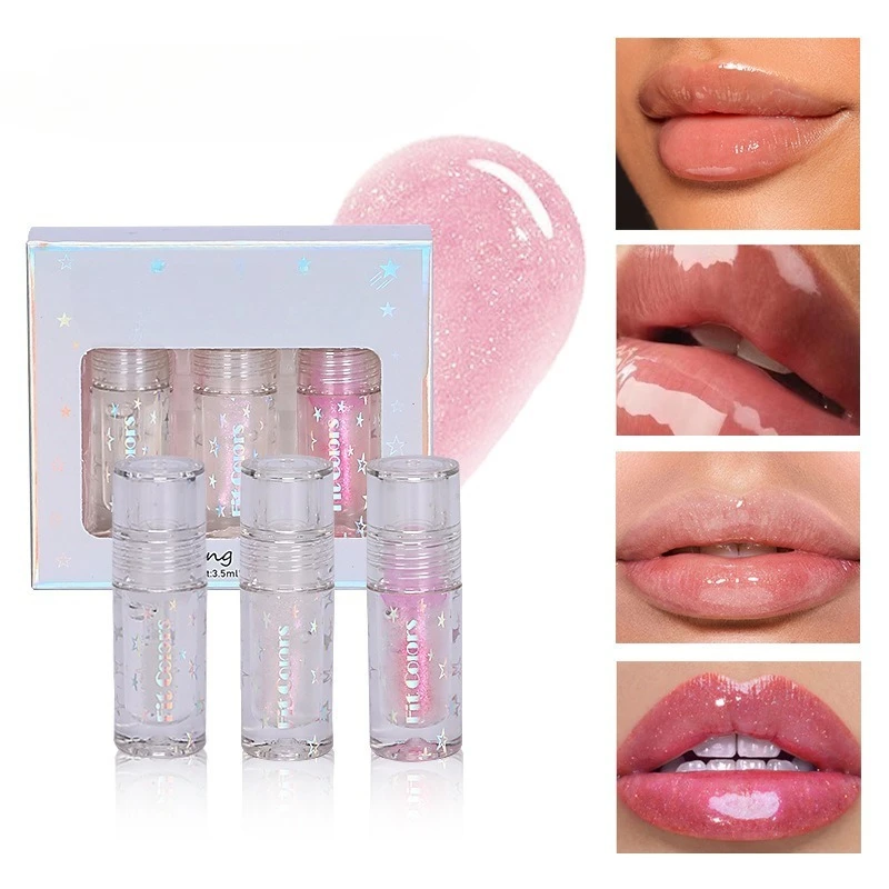 Set di lucidalabbra rimpolpanti da 3 pezzi Pennello perlato Finitura iridescente Olio per labbra idratante Confezione regalo per la cura idratante Base per lucidalabbra