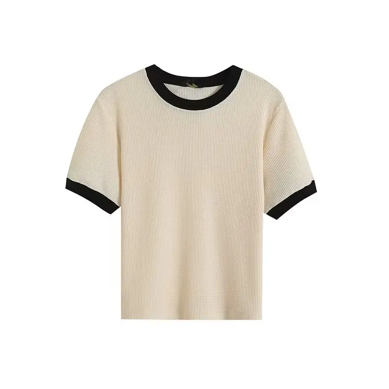 Maxdutti Summer Tshirt Women Minimalist T-shirt For Women Waffle Cotton Soft Round Neck Tops T-shirt