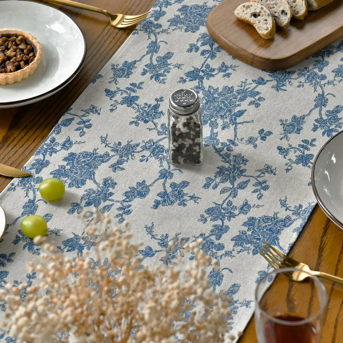 BUYNOW Imitation Linen Plants Flowers Print Blue Table Runner Retro Idyllic Fresh Home Dining Room Hotel restaurant table Decor