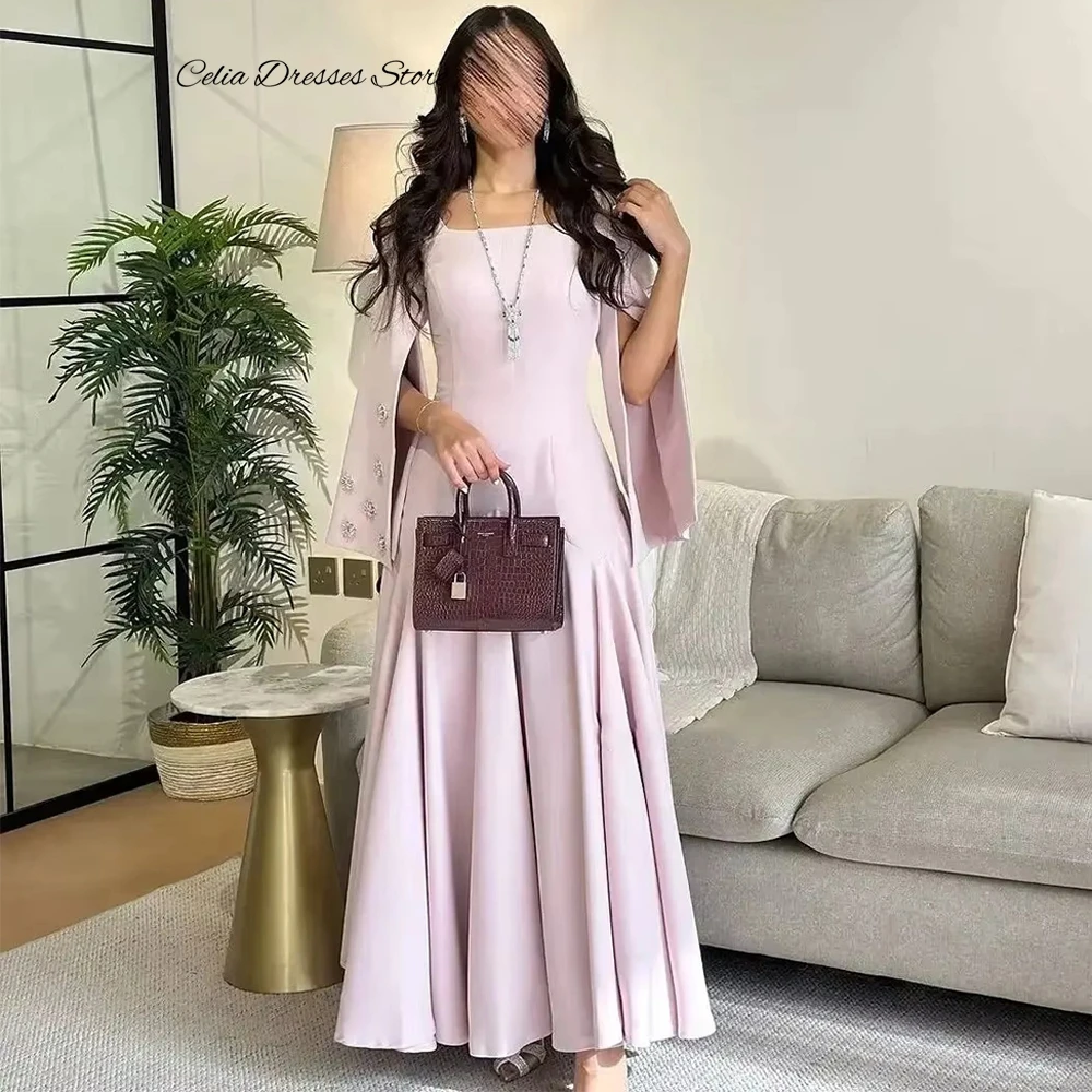 Elegant Pink A-Line Jersey Evening Dress Simple Square Neck Long Sleeves Customized Homecoming Dresses Crystal Celebrity Gowns