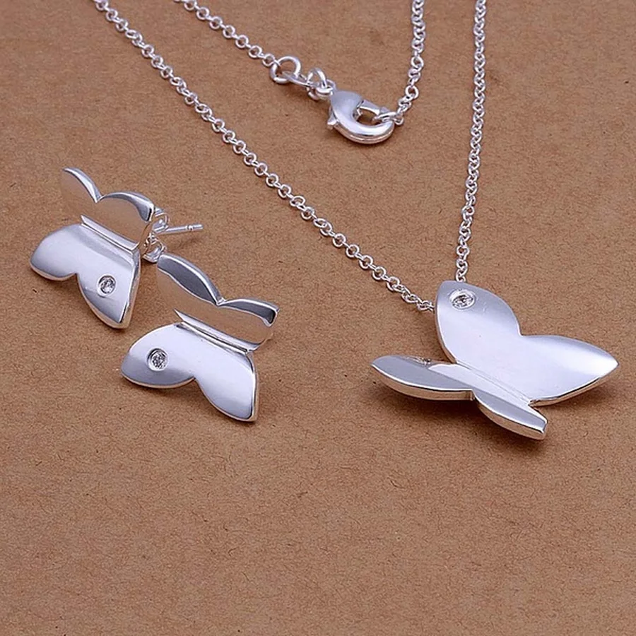 New wedding jewelry Women lady wedding Glossy butterfly pendant necklace Stud Earrings fashion 925 Sterling Silver jewelry Set
