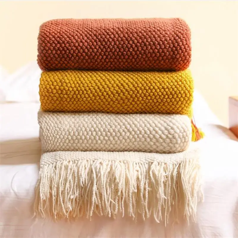 Nordic Knitted Blanket on the Bed Sofa Plaid Travel Nap Blankets Solid Color Soft Winter Air Conditioning Blanket with Tassels