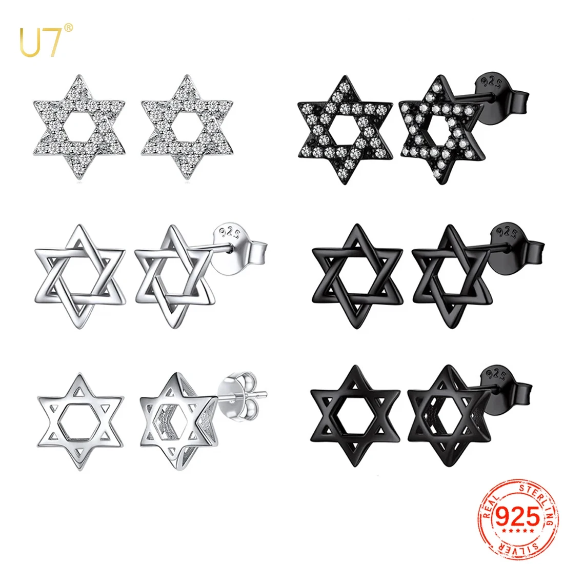 

Серьги-гвоздики U7 из стерлингового серебра 925 пробы Magen Star of David для женщин и мужчин, белый, CZ, черный, серебряный цвет, символ, ювелирные изделия унисекс, подарок