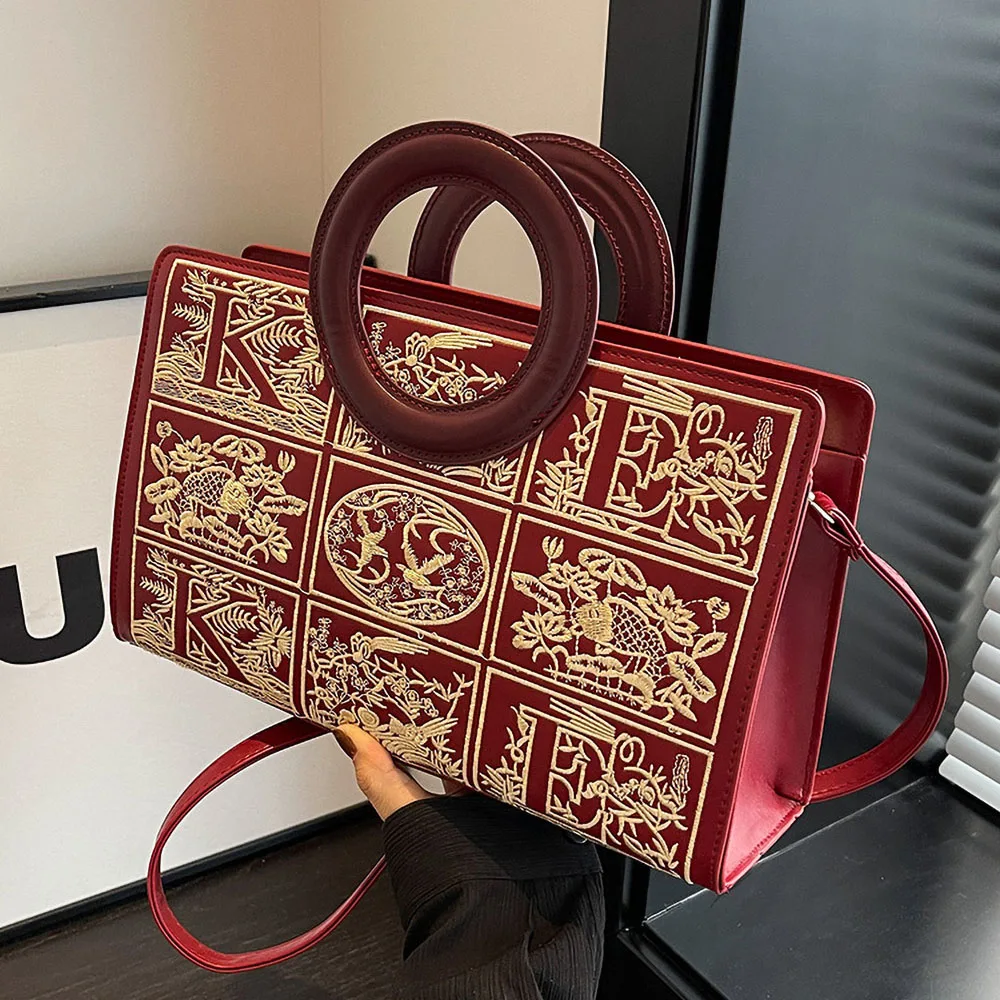 

Red Wedding Bag Women's 2025 New Handbags Chic Print Floral Crossbody Shoulder Bags Temperament Large Capacity Bridal Totes