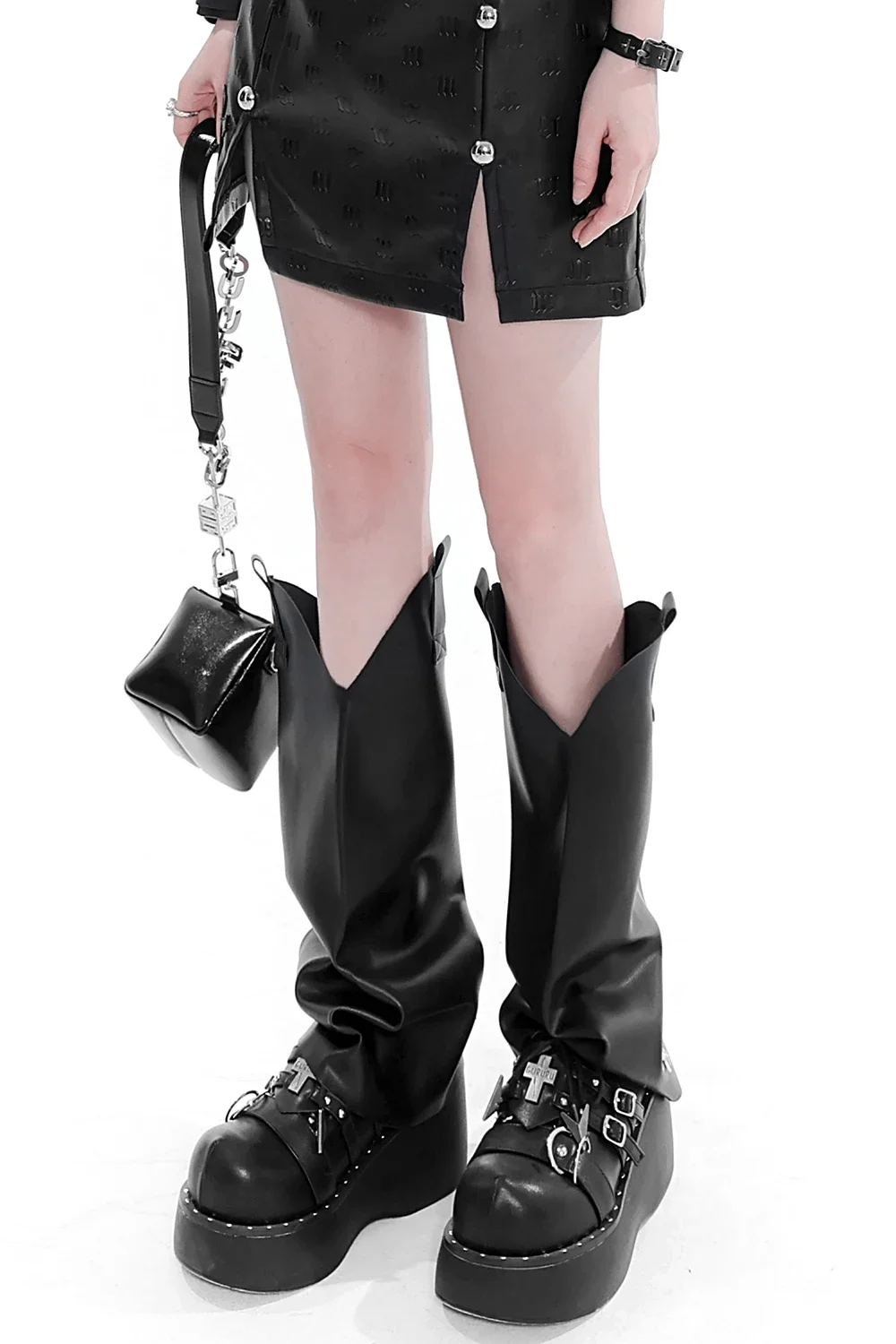New Spring Autumn Hot Girl Punk Harajuku Style Loose PU Leg Cover Handmade Black Personality Leg Cover