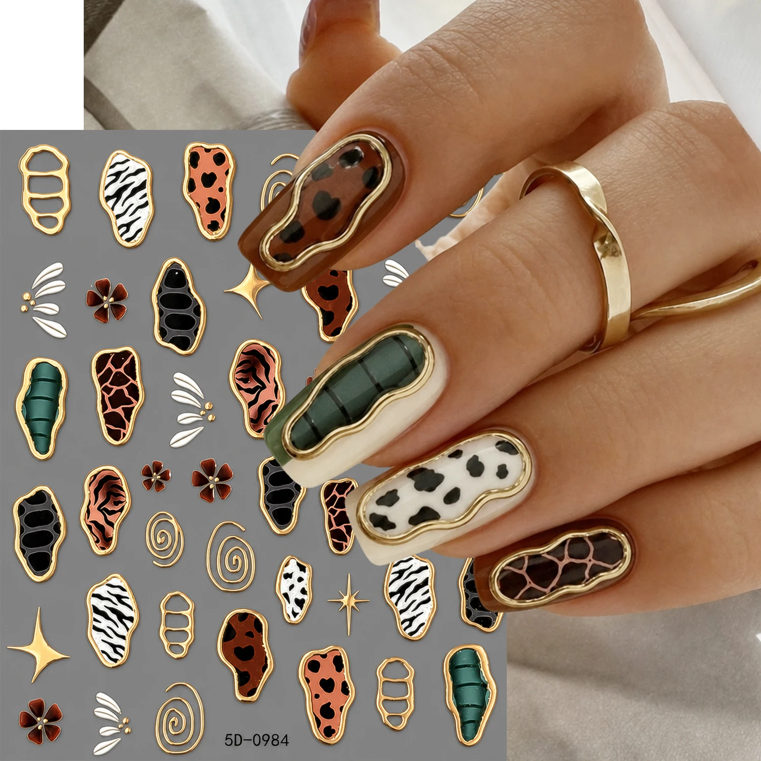 1Pcs 5D Embossed Leopard Print Nail Stickers Gold Frame Swirl Star Flower Nails Decals Autumn Brown Leopard Manicure Decortions