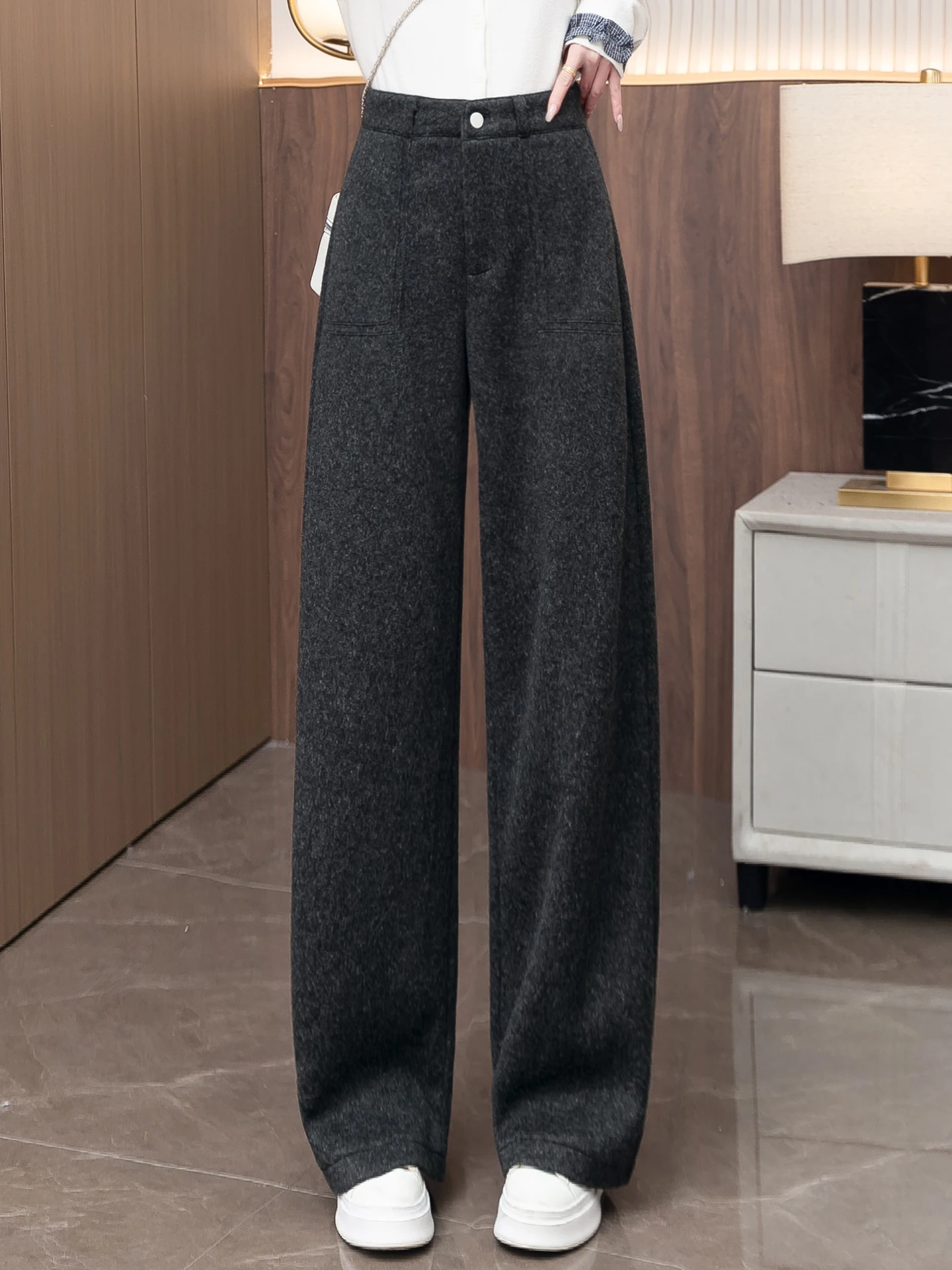 

Шерстяные брюки с высокой талией и широкими штанинами для женщин, повседневные, прямого кроя, осенне-зимние, новый стиль, свободные, струящиеся, утонченная версия