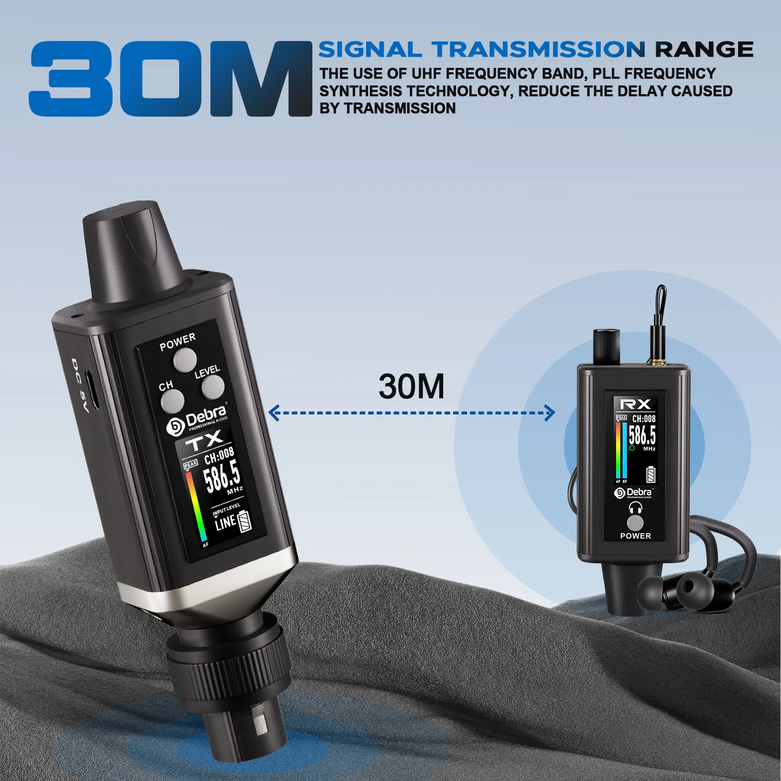 نظام المراقبة اللاسلكي Debra Audio UHF Stereo IEM EMX-1 قابل لإعادة الشحن مع 16 تردد قابل للتعديل على الشاشة