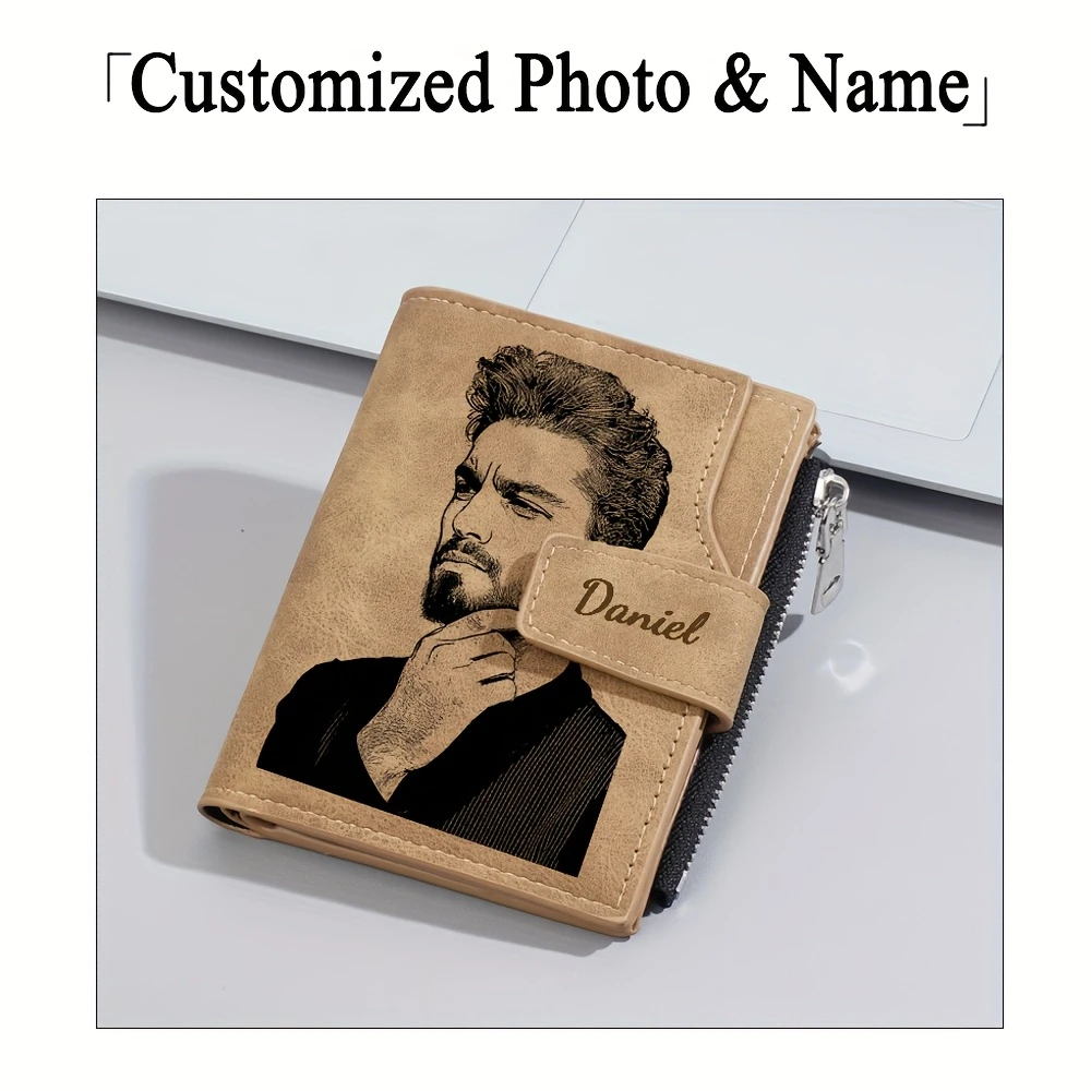 

Customized Photo & Name Men's Short Wallet High-Quality Zipper Card Holder Photo Organizer Simple Male Purse Brand Money Clip
