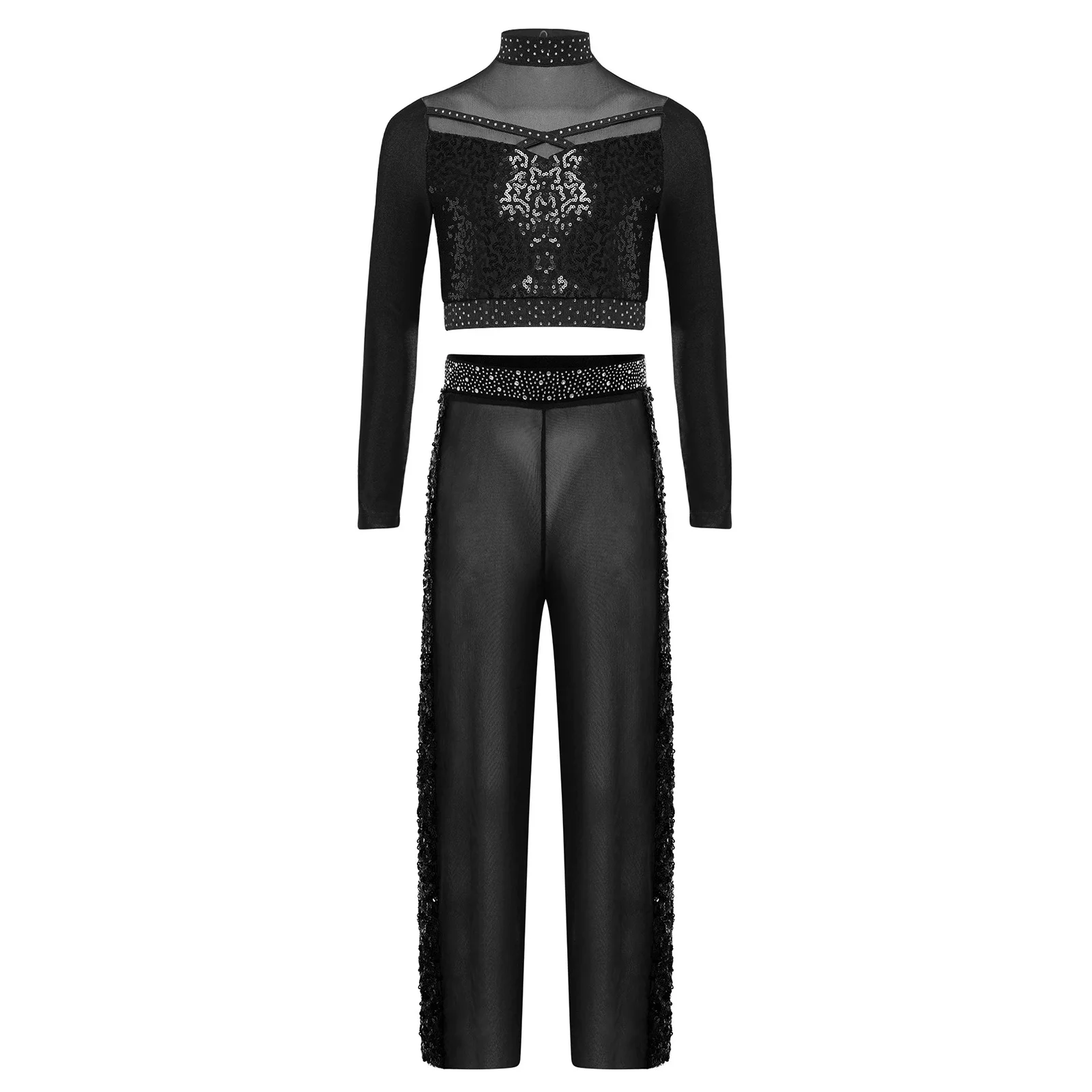 2Pcs 어린이 소녀 재즈 라틴 댄스 세트 긴 소매 라인스톤 스팽글 크롭 탑 + 투명 메쉬 바지 세트 공연 대회용