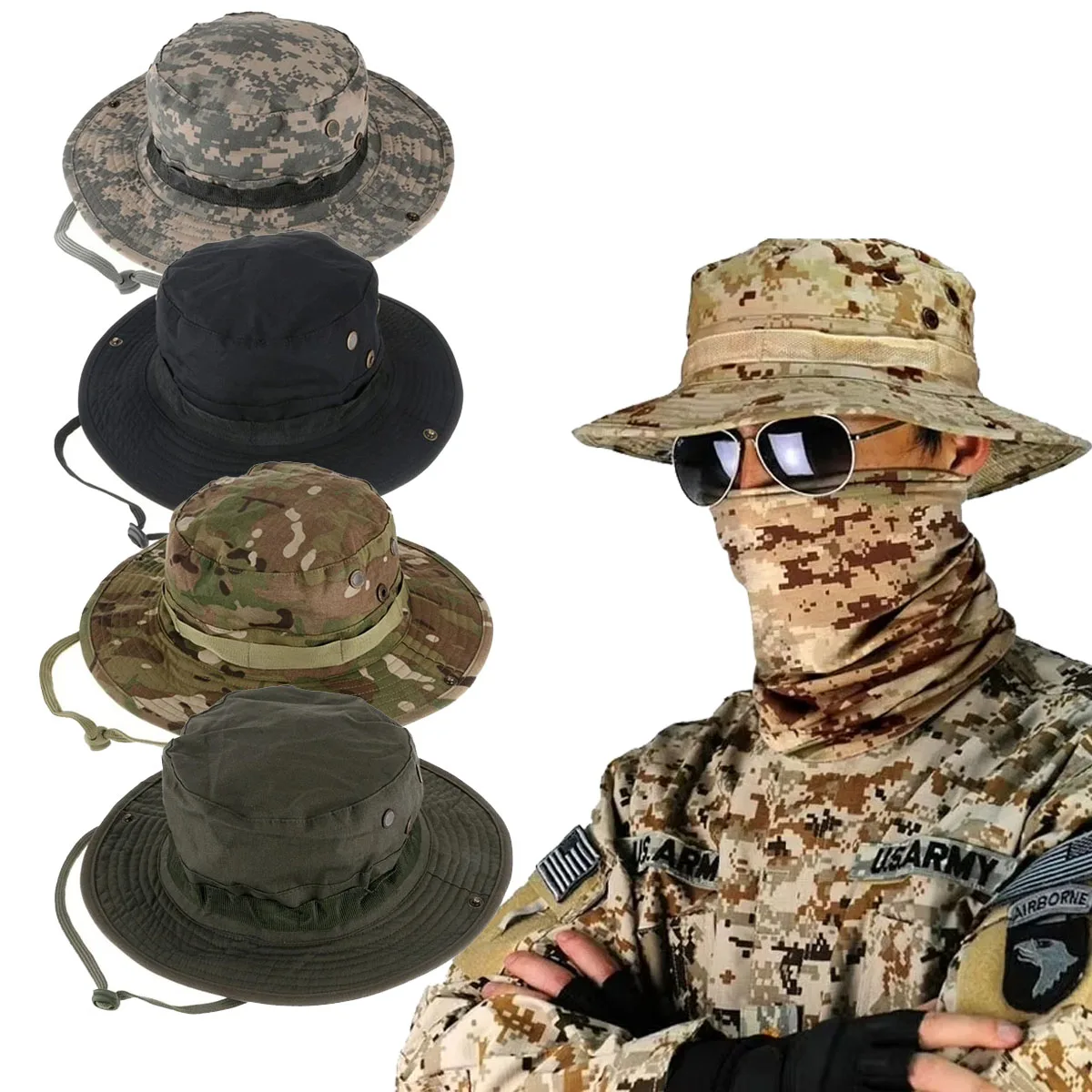 Camouflage Tactical Boonie Hats Camping Climbing Bucket Sniper Hat Men Outdoor Fishing Hiking Cap Sun Protective Boonie Caps
