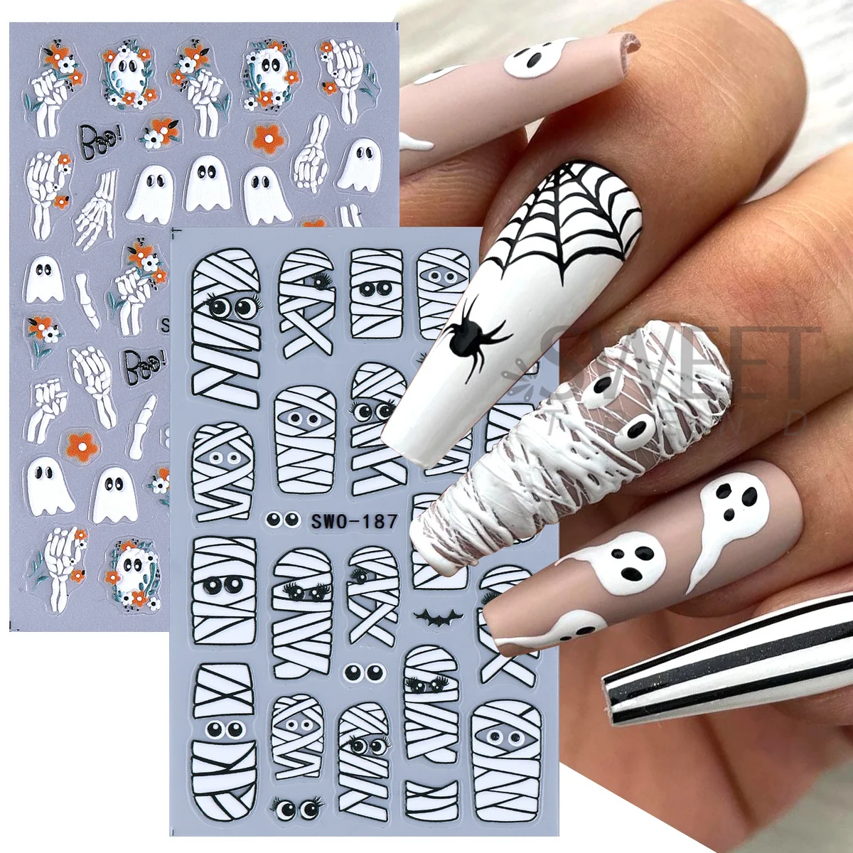 2pcs Wacky Expressions Mummy Matte Nail Sticker Ghost Skull Bone Flowers Design Adhesive Decals Halloween Foils Manicure Decor