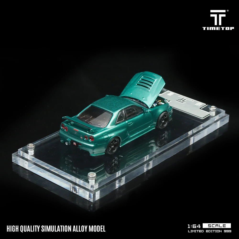 TM In Stock 1:64 Skyline GTR R34 Green Carbon Hood Diecast Diorama Car Model Collection Toys Time TOP Micro