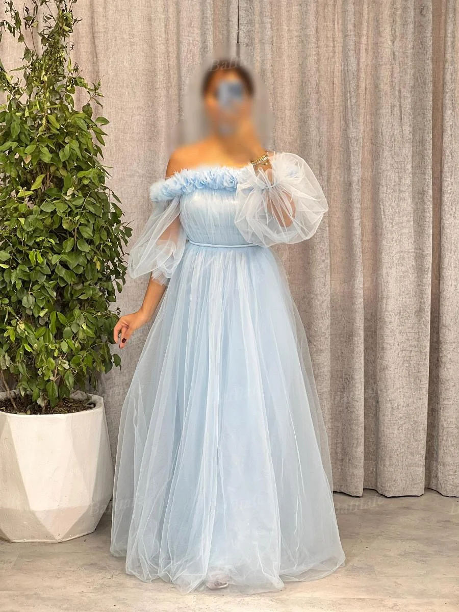 Bafftafe Einfache A-Linie Tüll-Abschlussball-Party-Kleider, Puffärmel, individuelle formelle Abendkleider, saudi-arabisches Geburtstagskleid