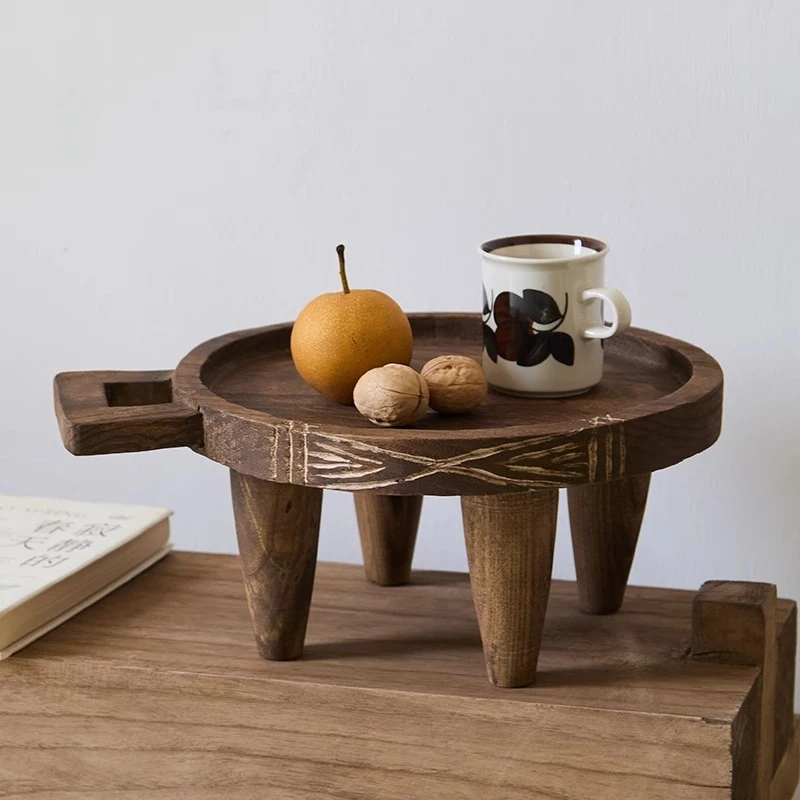 Solid Wood Fruit Tray Vintage Tea Serving Platter Rustic Farmhouse Decor Handcrafted Wooden Display Bowl for Boutique Hotel