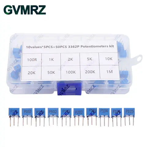 50PCS 3362P Multiturn Trimmer Potentiometer Kit 1K 2K 5K 10K 20K 50K 100K 200K 1M High Precision 3362 Variable Resistor Set