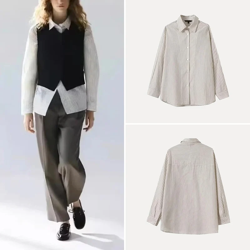 

Spring New Sle Loose Striped irt lectual Women's Faion Commuter Sle Long Sve Collar Polyester Fiber