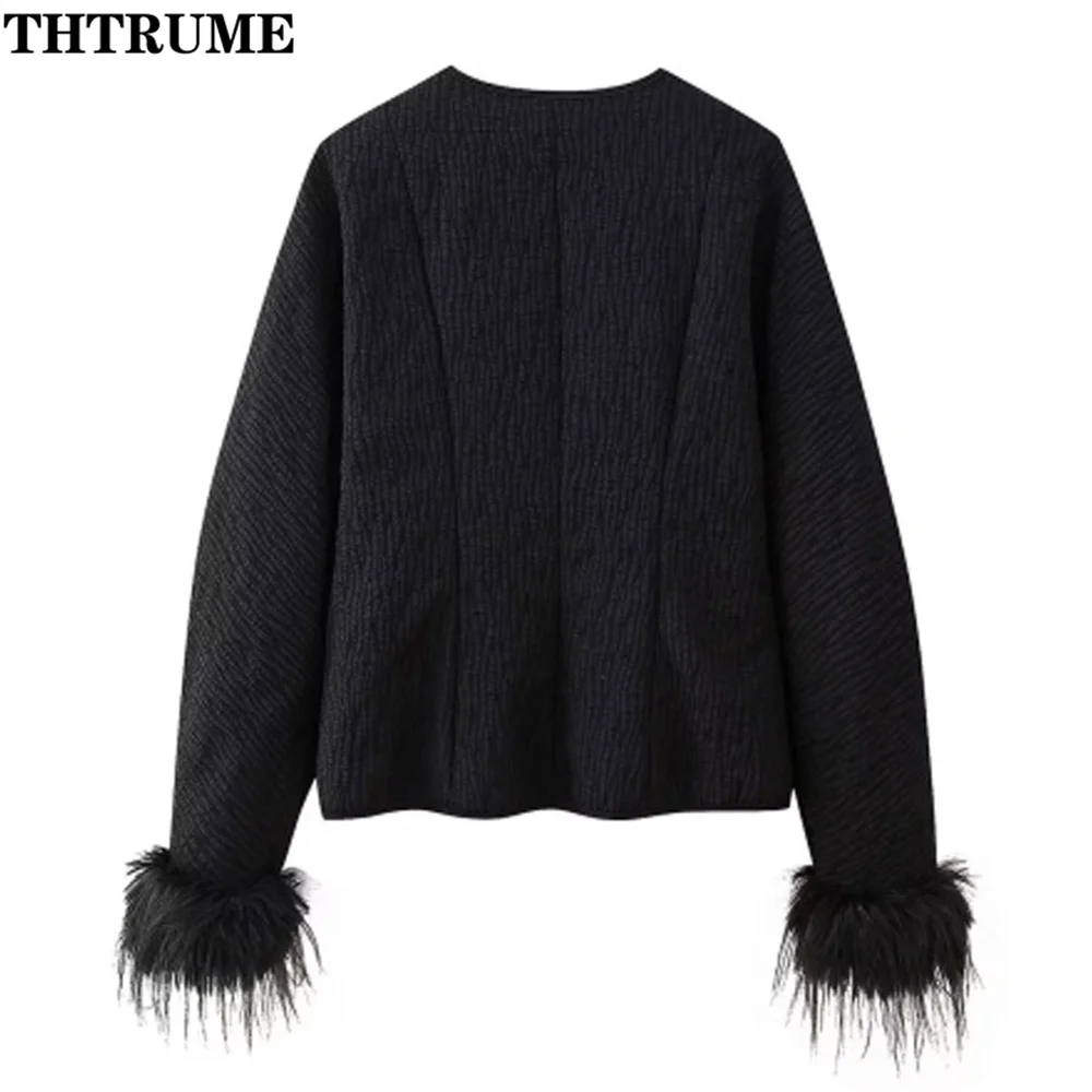 2024 New Autumn Jackets Fashion Women Solid Spliced Feather Cuffs Lace Up O-Neck Coats Casual Long Sleeve Elegant Chic Coat