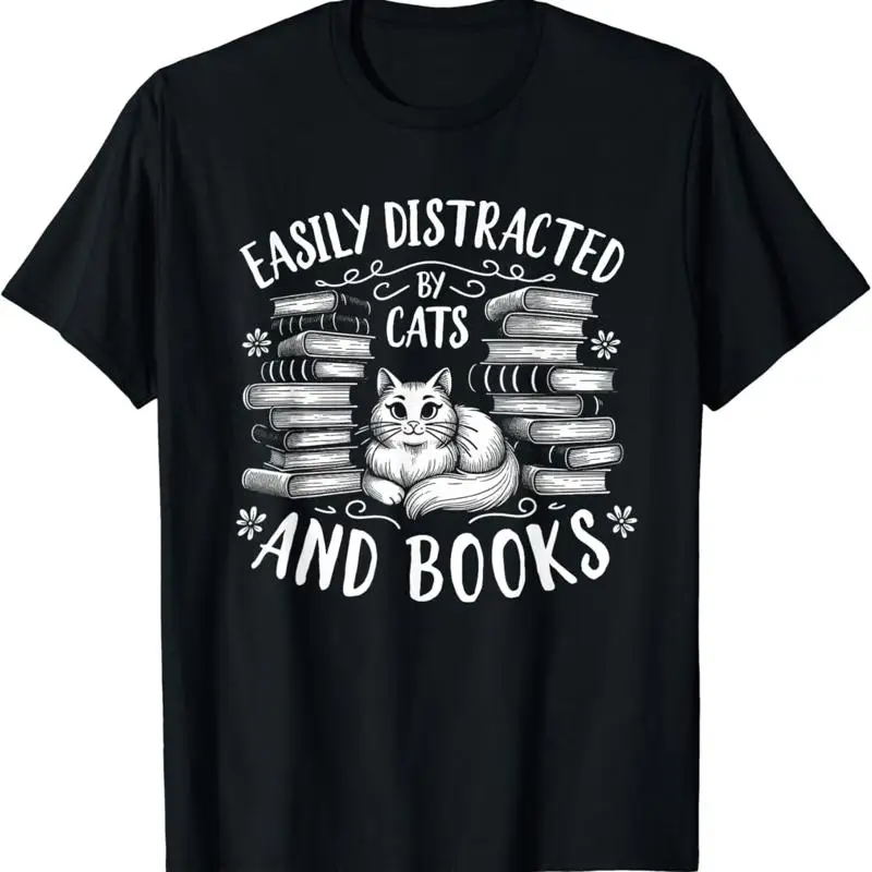 Easily Distracted by Cats and Books Cat Design Women Girls T Shirt
