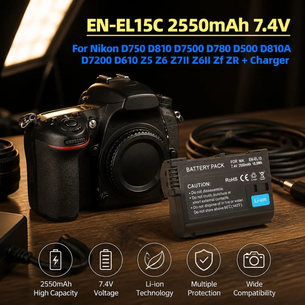 Upgrade EN-EL15C 2550mAh 7.4V Battery for Nikon D750 D810 D7500 D780 D500 D810A D7200 D610 Z5 Z6 Z 7II Z 6II Zf ZR + Charger